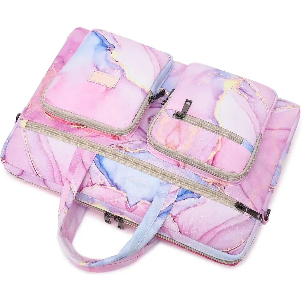 Pink Marble Laptop Tote Bag with Multiple Pockets